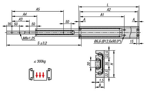 TELESKOPSCHIENE L=450 26,5X80, VOLLAUSZUG S=450, Fp=285, ALUMINIUM BLANK, MON... - 2