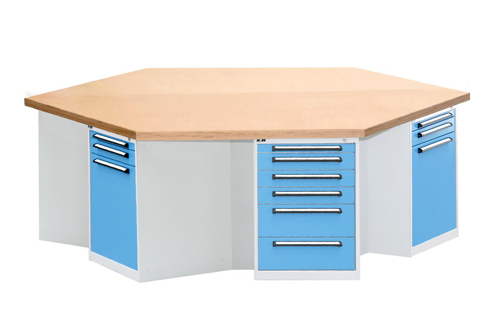 6eck-Werkbank Buche 6 Schubladen RAL 5012