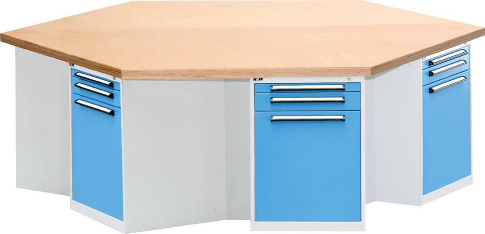 6eck-Werkbank Buche 3 Schubladen RAL 5012