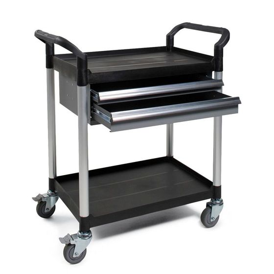 Allzweckwagen TOOL, Rohre aus Aluminium gebürstet, 2 Etagen, 2 Schubladen
