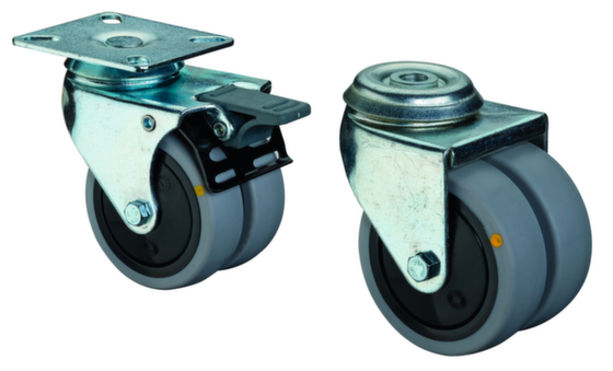 Antistatisches Gummi-Rad, Doppellenkrolle mit oder ohne Feststeller, Tragl. 60 oder 80 kg, Felge Kunststoff, Kugellager
