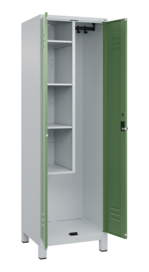 Putzmittelschrank mit verk&uuml;rzter Mitteltrennwand, links 4 Fachb&ouml;den, rechts 1 Kleiderstange mit 3 Haken