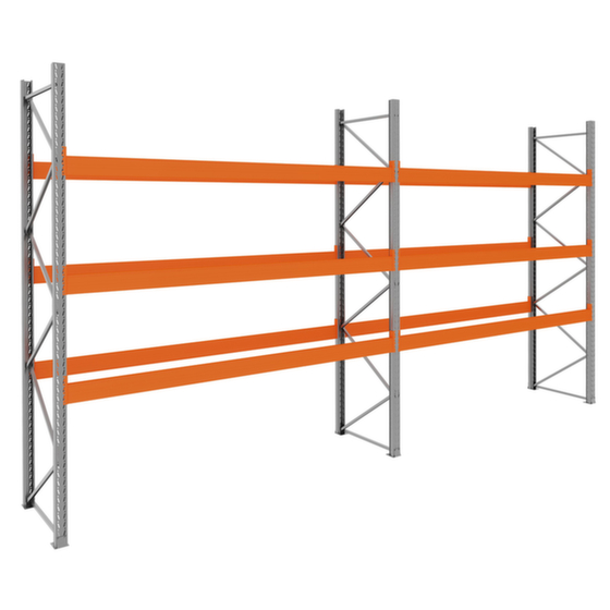 Palettenregal,Grund+1xAnbau,HxBxT 3990x7500x1100mm,Fachl. 3400kg,je Feld 3xTraversen,f. 32 Paletten,Einlagerung l&auml;ngs