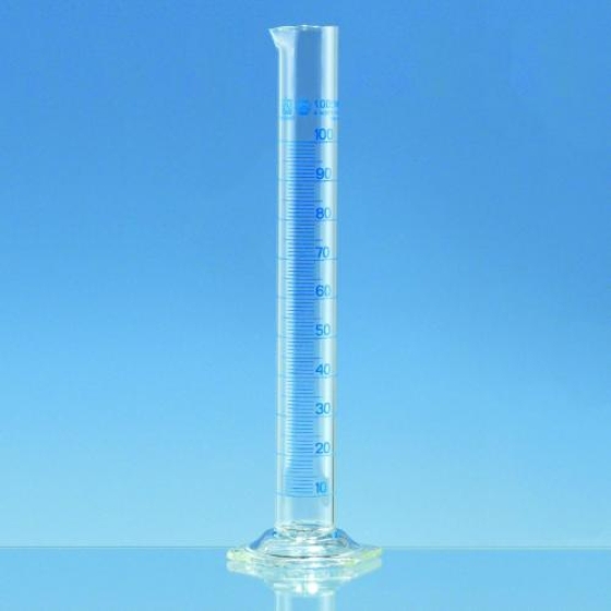 Messzylinder Borosilikatglas 3.3 h.F. Kl. A blau grad. m. DAkkS-Kalibrierschein