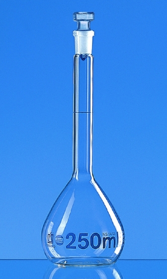 Messkolben Boro 3.3 Klasse A blau grad. mit Glas-Stopfen | Nennvolumen: