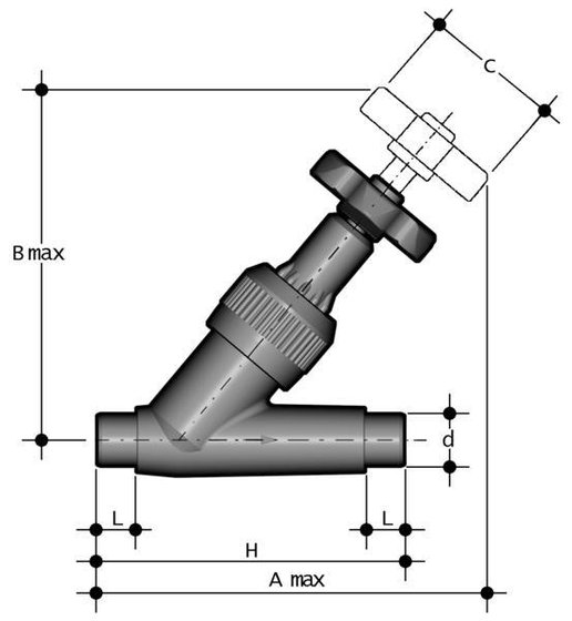 PVC-U Schrägsitzventil, Verschr. Klebem. d 16 / DN 10, PN 16, Dichtung PE/EPDM - 2