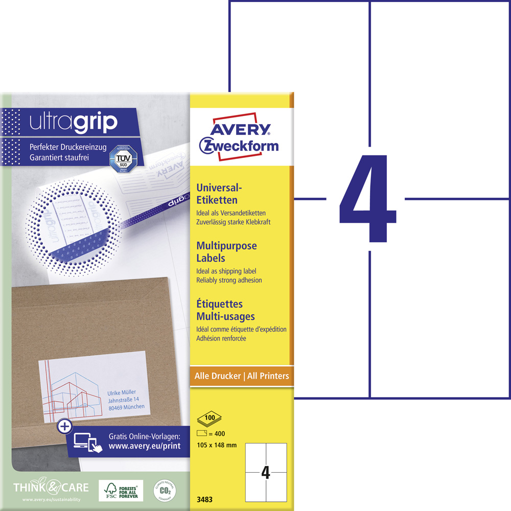 Avery Zweckform 3483 Universal-Etiketten, A4 mit ultragrip,  105 x 148 mm, weiß