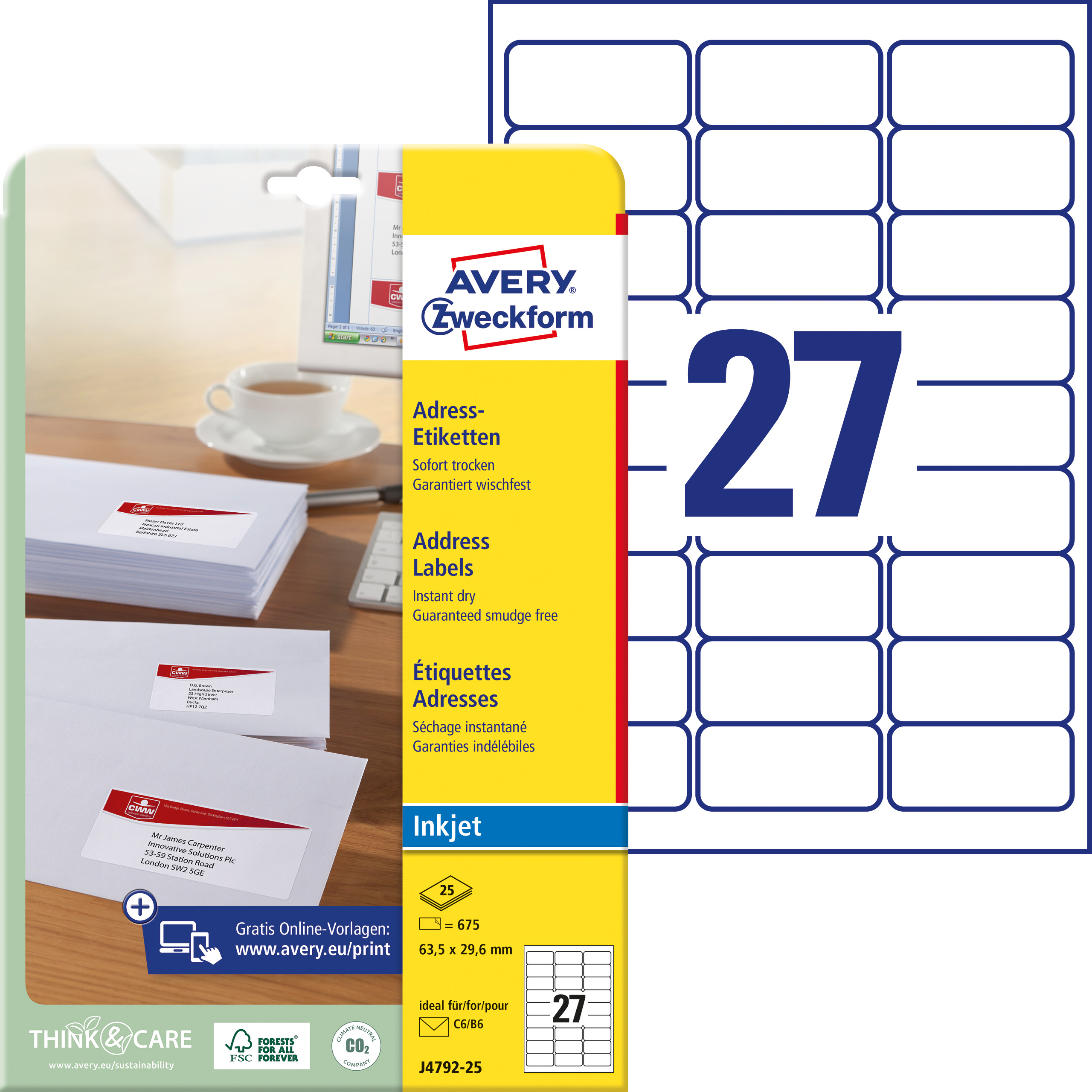 Adress-Etiketten, Avery Zweckform, J4792-25, 63,5x29,6mm, 675 Etiketten/25 Bogen - 1