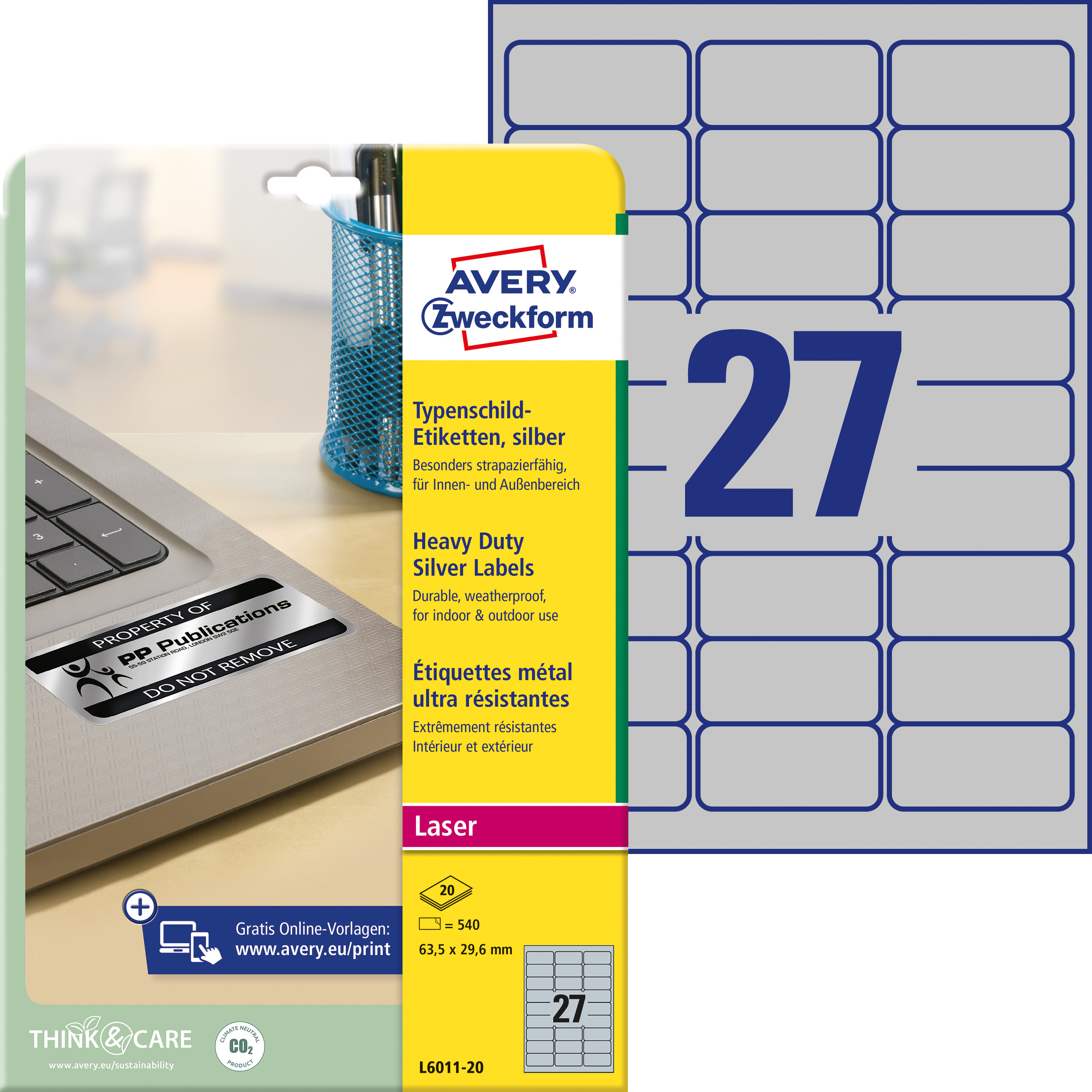 Typenschild-Etiketten, Avery Zweckform, L6011-20, 63,5x29,6mm, 540 Etiketten - 1