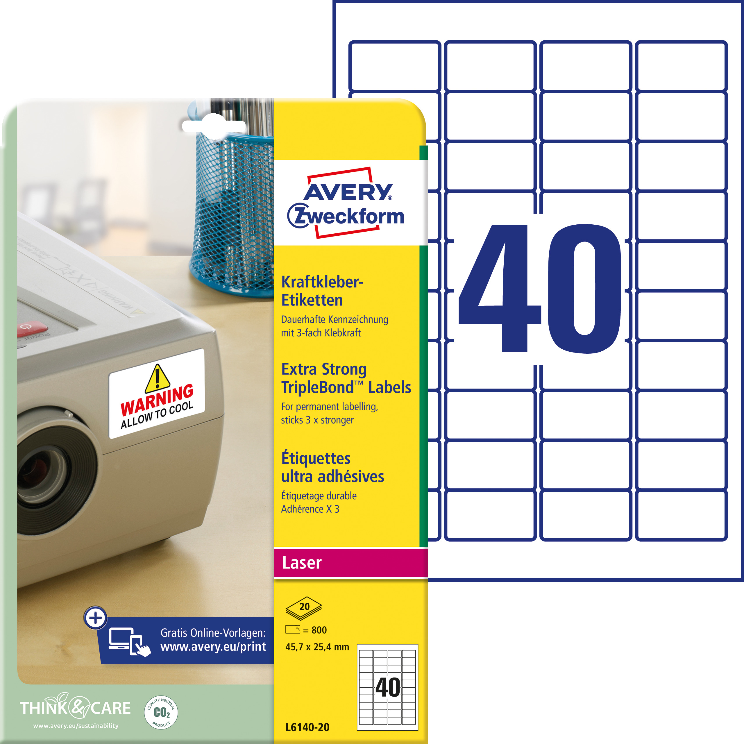Avery Zweckform L6140-20 Kraftkleber-Etiketten, A4 45,7 x 25,4 mm, weiß