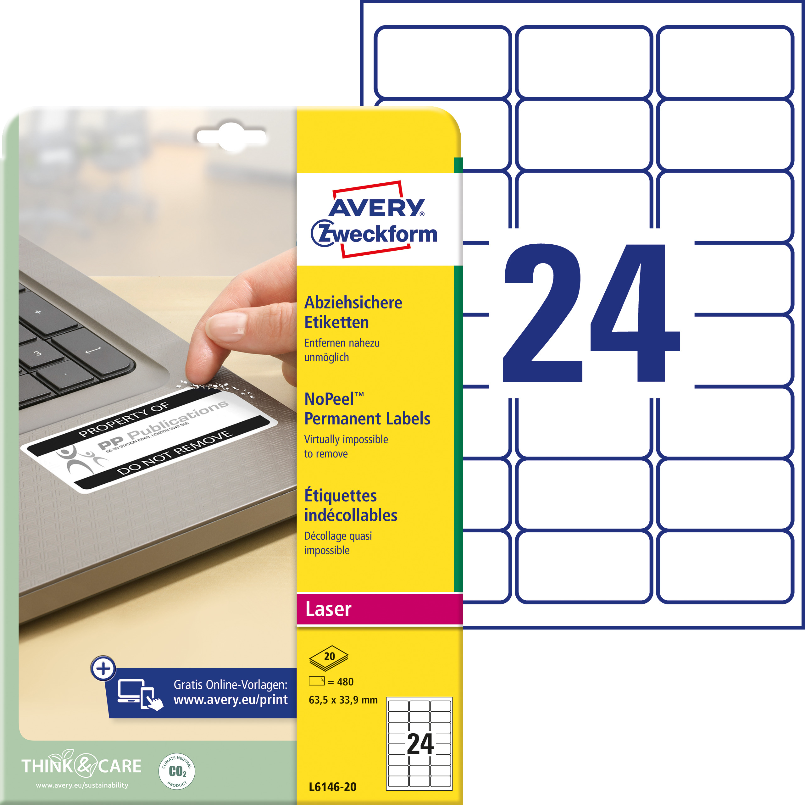 Abziehsichere Etiketten, Avery Zweckform, L6146-20, 63,5x33,9mm, 480 Etiketten - 1