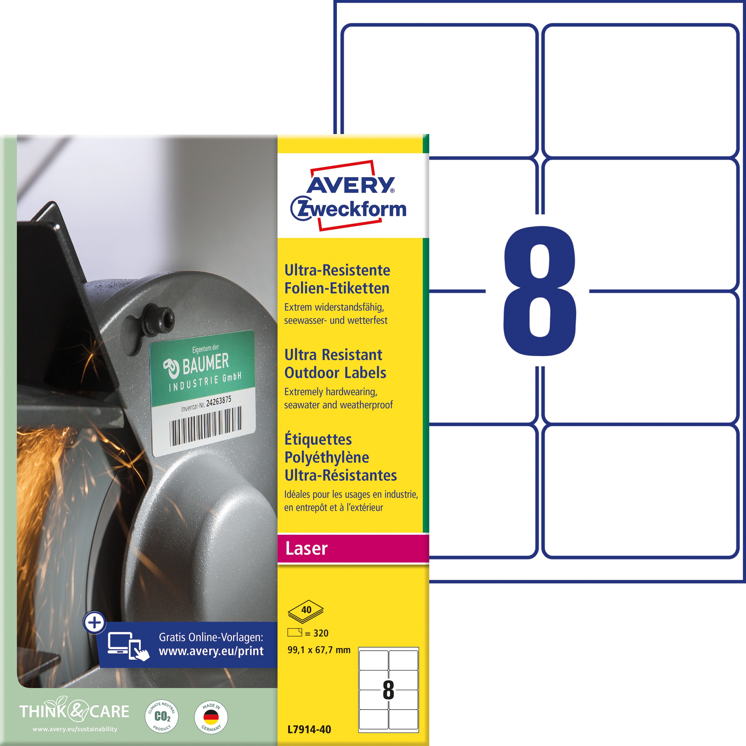 Avery Zweckform L7914-40 Ultra-Resistente Folien-Etiketten, 99,1 x 67,7 mm, weiß