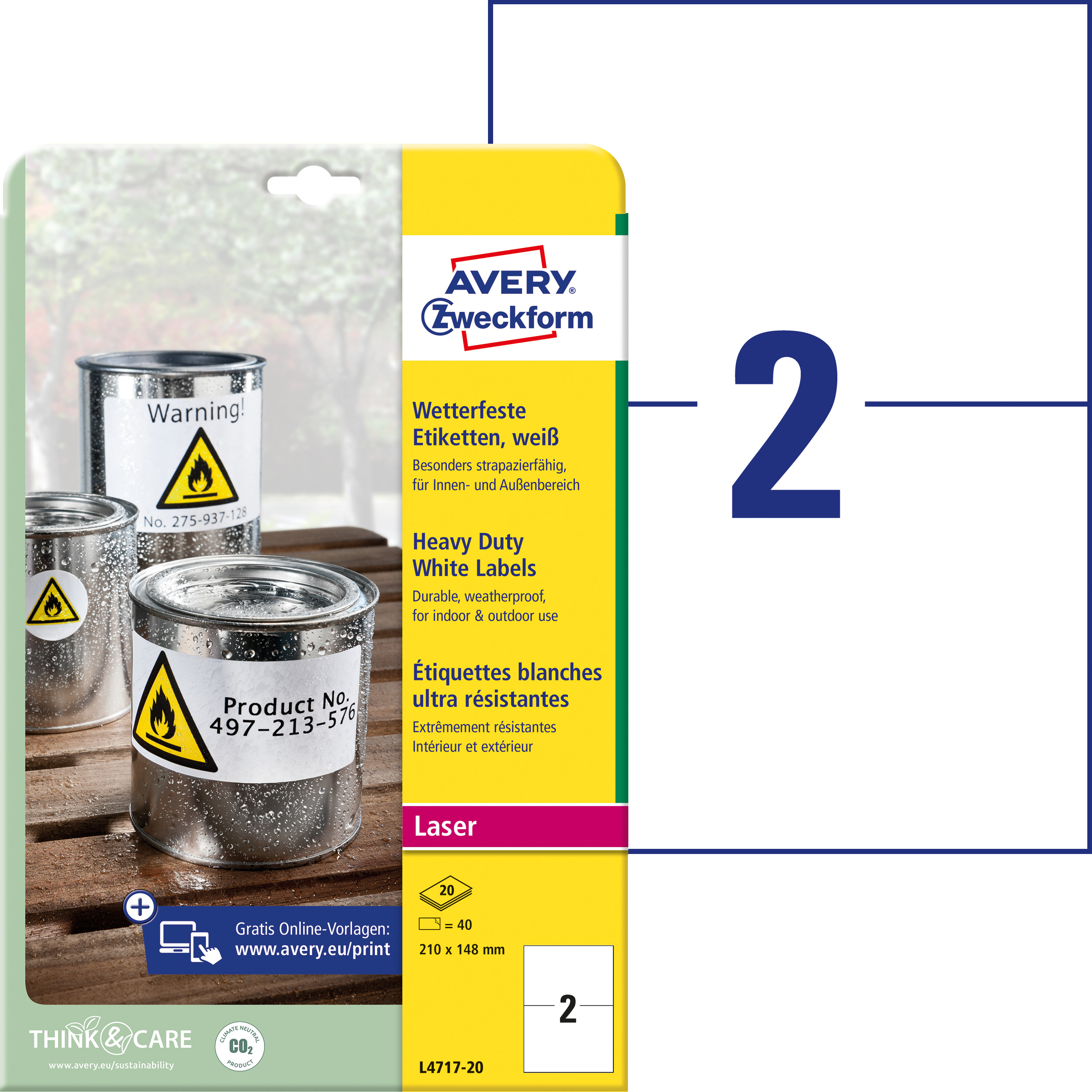 Wetterfeste Etiketten, Avery Zweckform, L4717-20, 210x148mm, 40 Etiketten
