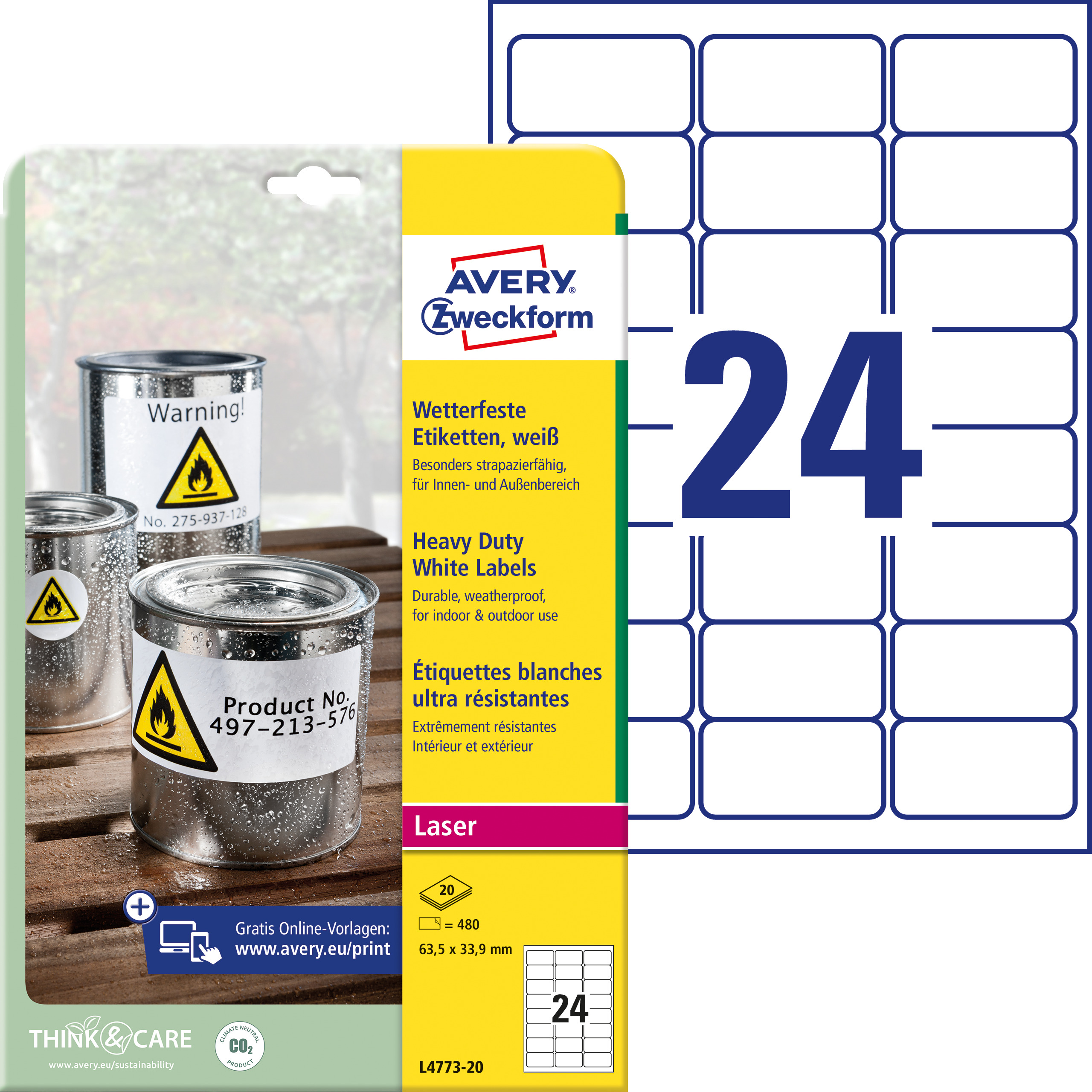Wetterfeste Etiketten, Avery Zweckform, L4773-20, 63,5x33,9mm, 480 Etiketten