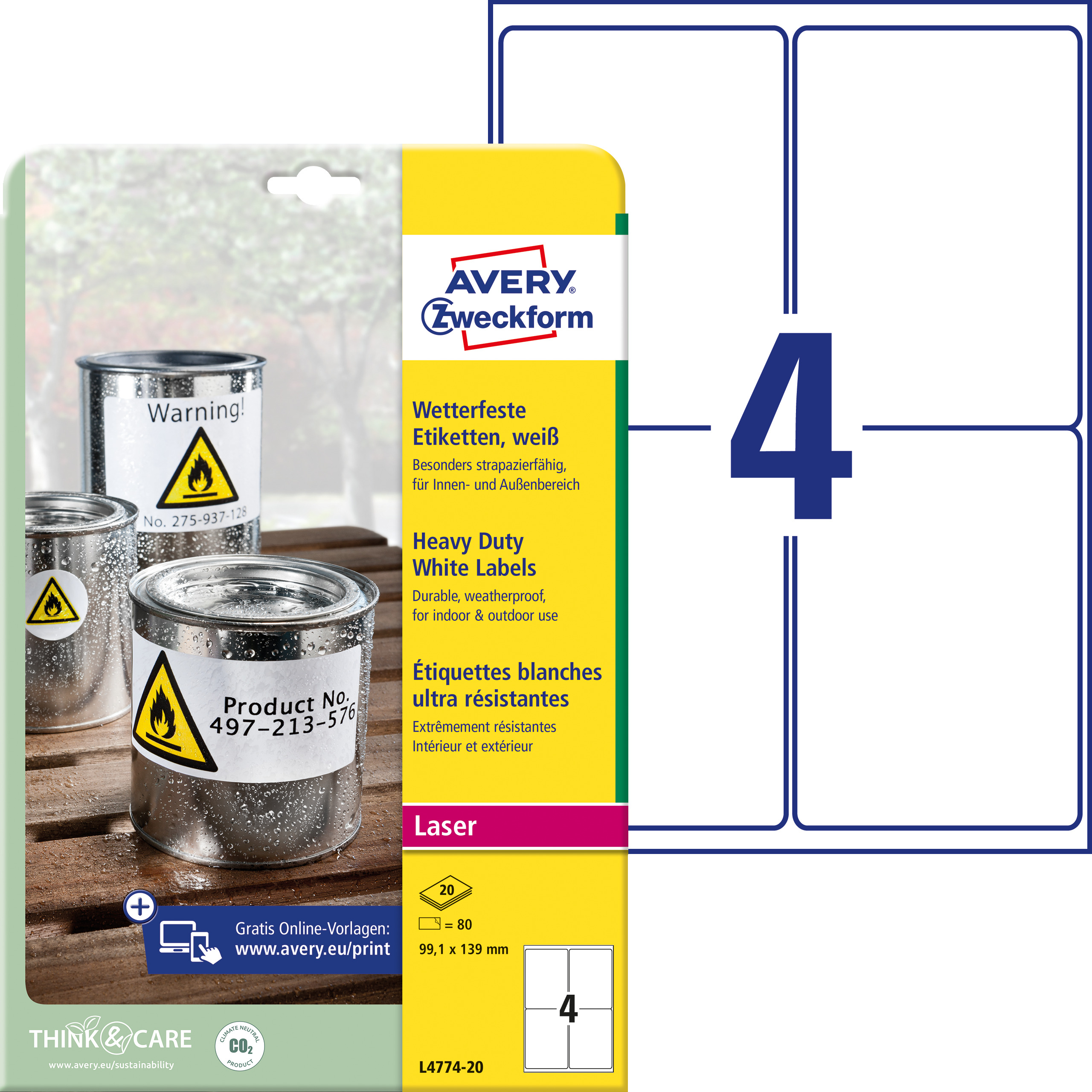 Wetterfeste Etiketten, Avery Zweckform, L4774-20, 99,1x139mm, 80 Etiketten